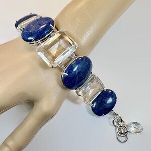 Lapis Bracelet, Sterling Bracelet, Quartz, Big Stones, Statement, Wide, Vintage